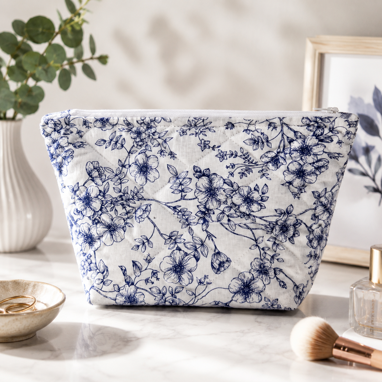 Elegant Navy Floral Make Up Bag