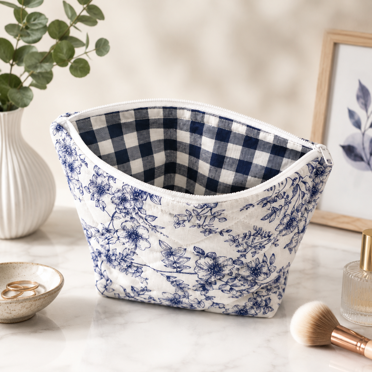 Elegant Navy Floral Make Up Bag